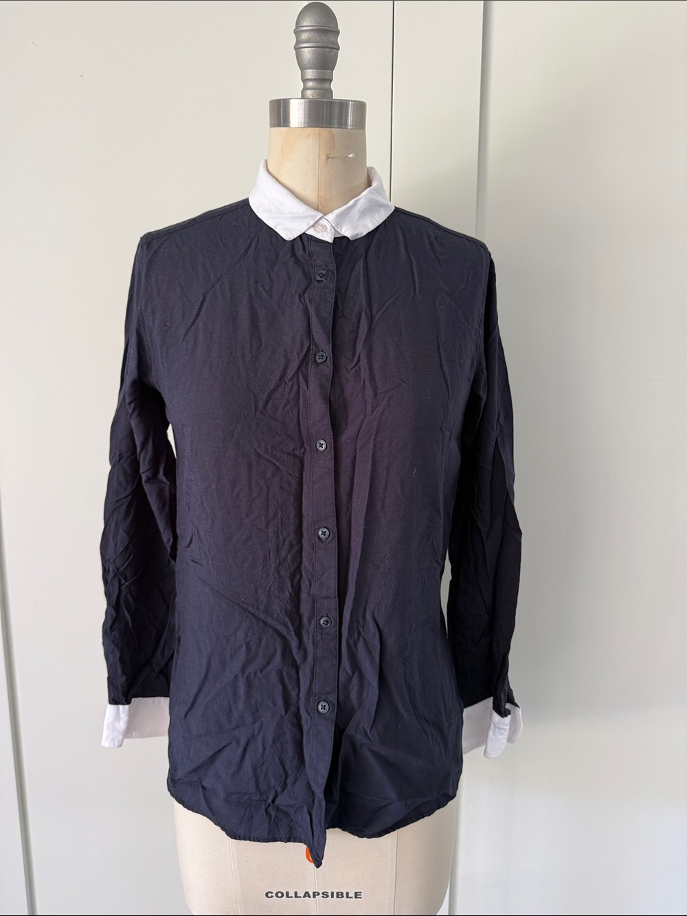 Women's Navy Button-Down Shirt with White Collar and Cuffs